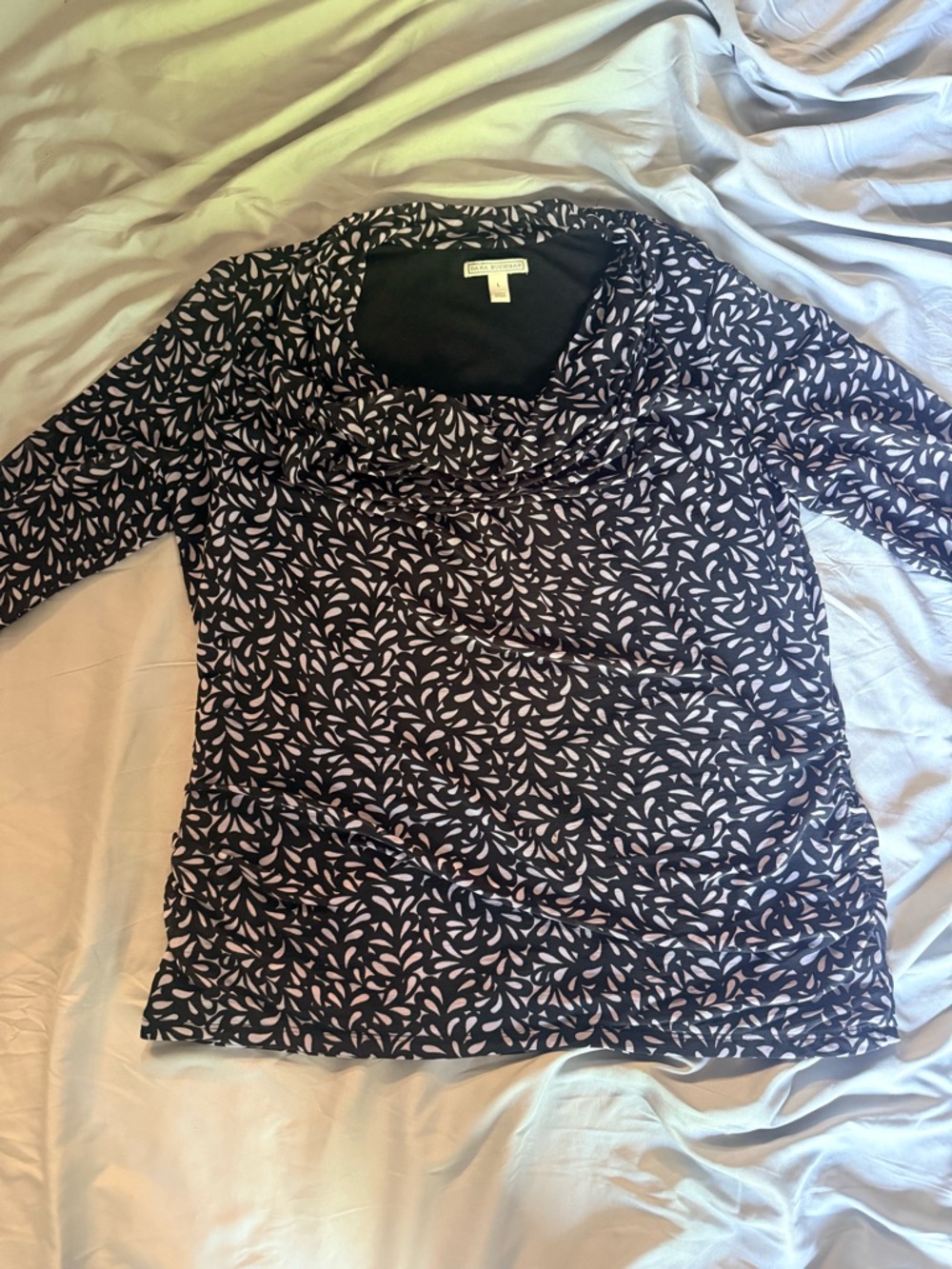Like New Dana Buchman Black Top with Purple Pattern and Cowl Neck
